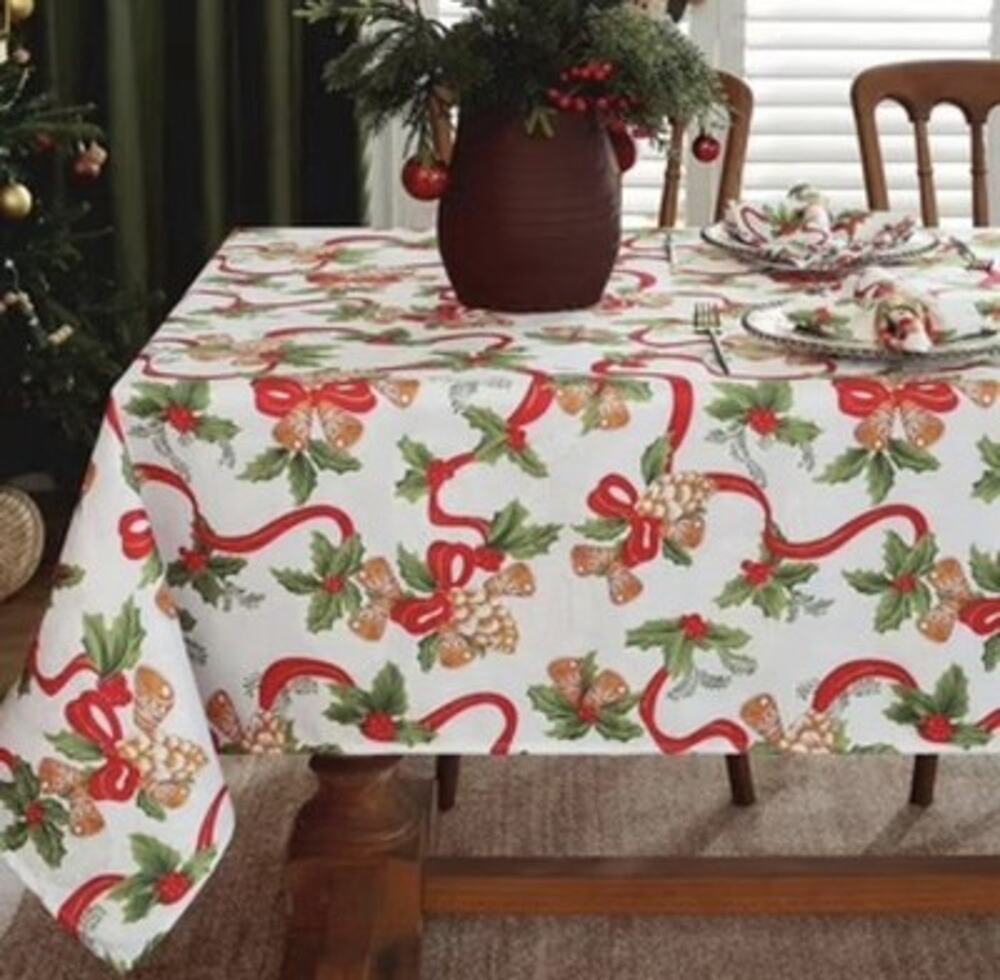 SASTYBALE Christmas Tablecloth Rectangular, White & Holly 60" x 102"